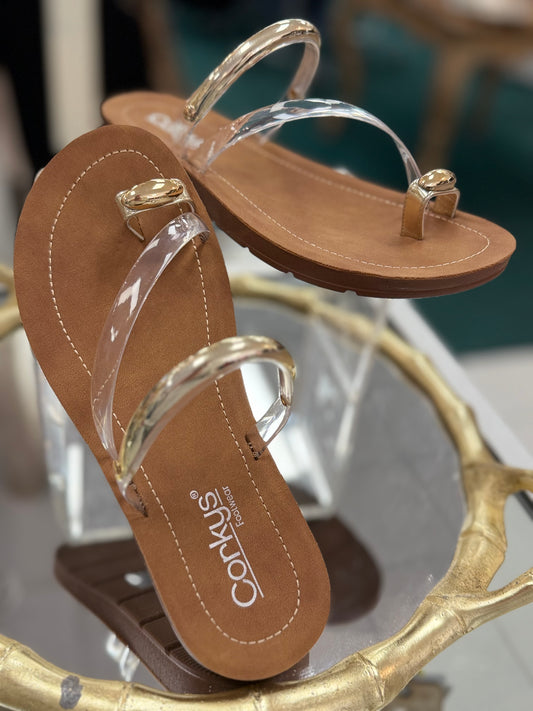 Corkys Hit The Strip Clear Flat Sandal with Gold Accents