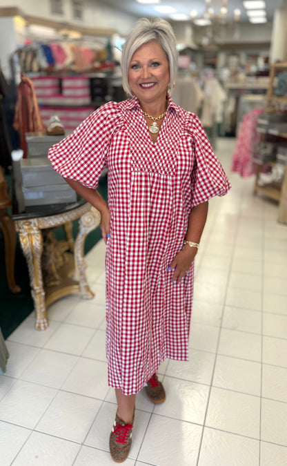 Umgee Crimson Puff Sleeve Plaid Midi Dress