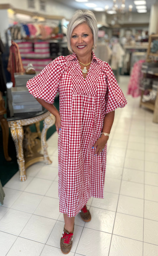 Umgee Crimson Puff Sleeve Plaid Midi Dress