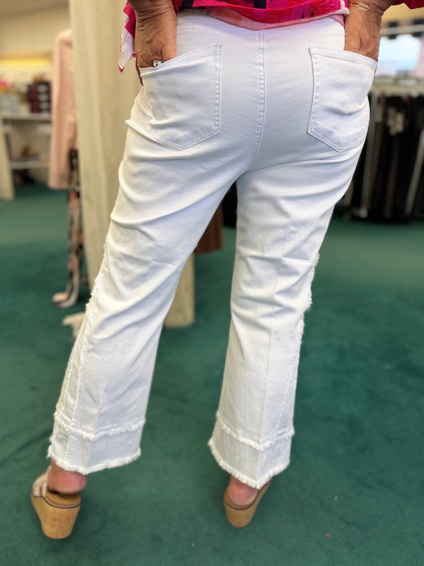 FLARE LEG CROP PANT WITH FRINGED TRIM - WHITE
