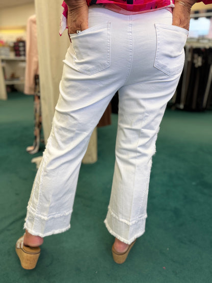 FLARE LEG CROP PANT WITH FRINGED TRIM - WHITE