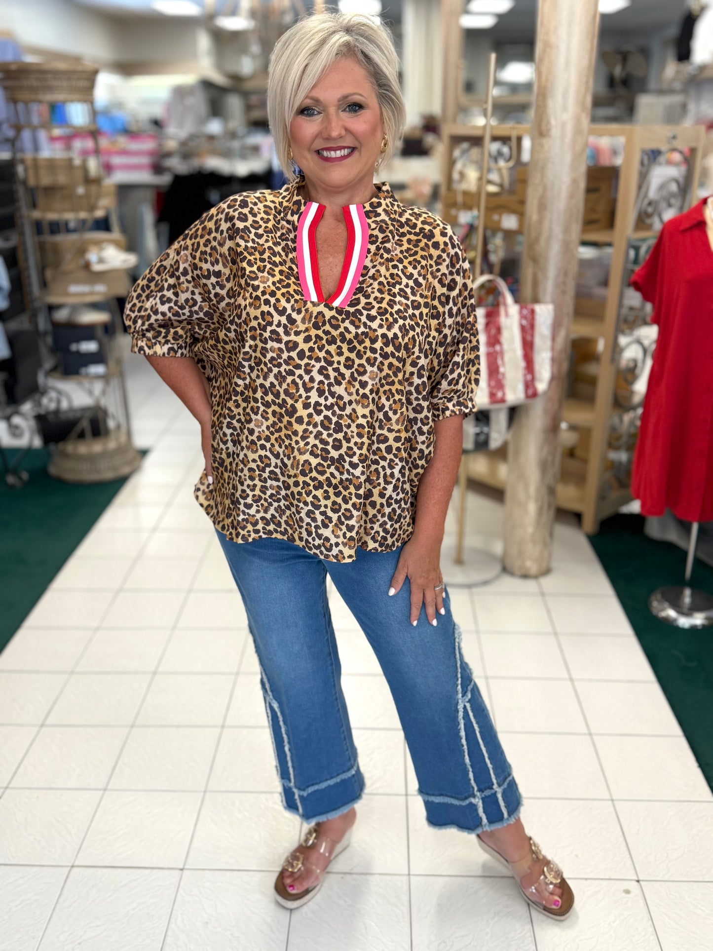 Bibi Leopard Contrast Banded Dolman Sleeves Top