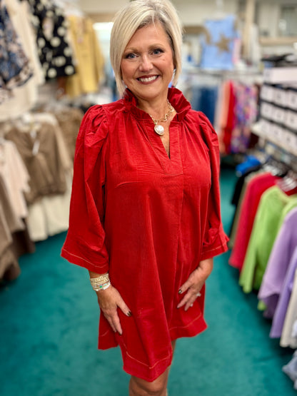 Umgee Chili Pepper Corduroy Split Neck Puff Sleeve Shift Dress