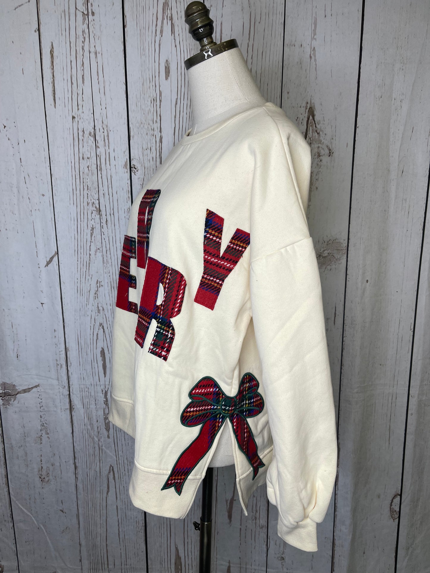 Bibi CHRISTMAS PLAID MERRY SIDE BOW PATCHES SWEATSHIRT