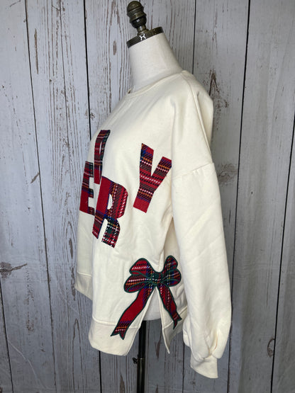 Bibi CHRISTMAS PLAID MERRY SIDE BOW PATCHES SWEATSHIRT