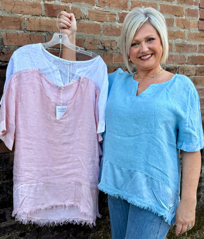 Made in Italy Linen Top with Satin Border