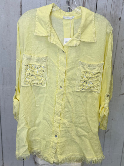 Made in Italy Linen Button Front Top with Decorative Front Pockets