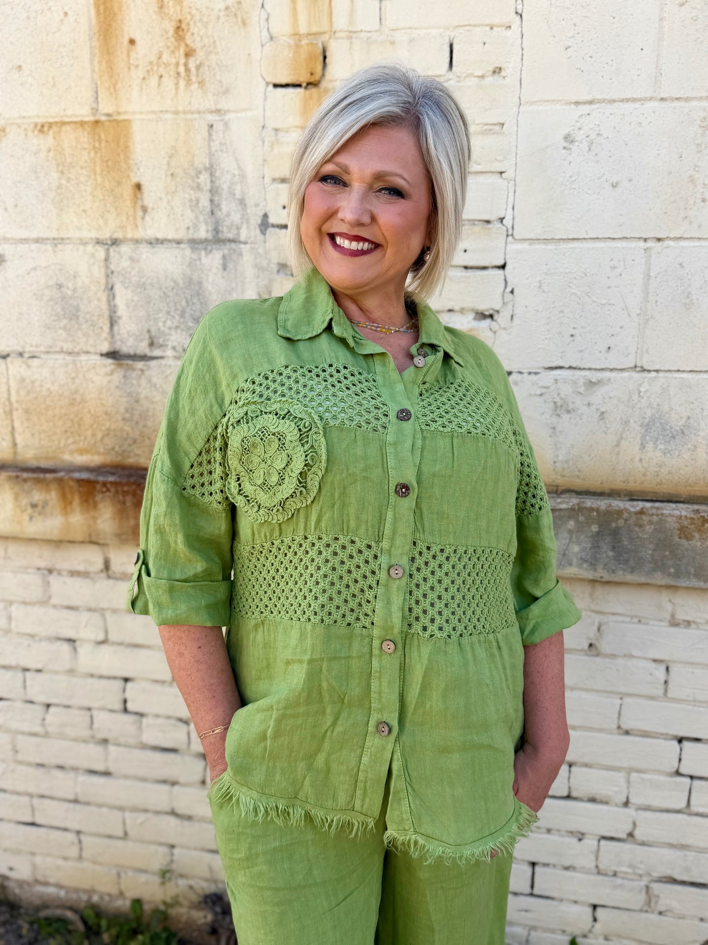 Made in Italy Button Front Open Crochet Shirt