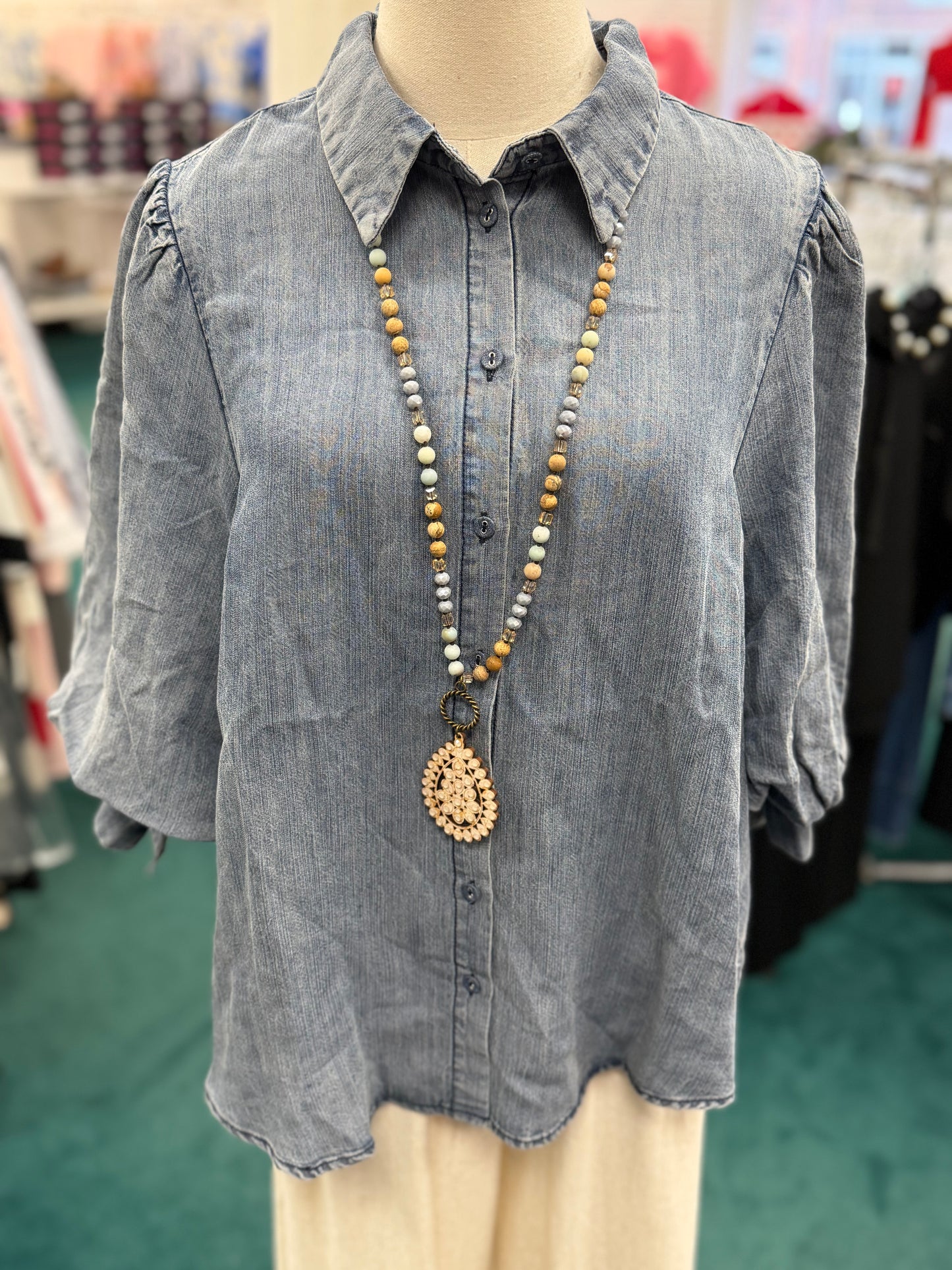 Easel  3/4 SLEEVES WASHED DENIM SHIRT
