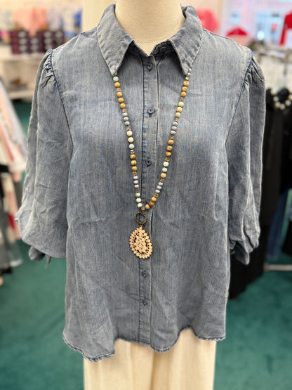Easel  3/4 SLEEVES WASHED DENIM SHIRT
