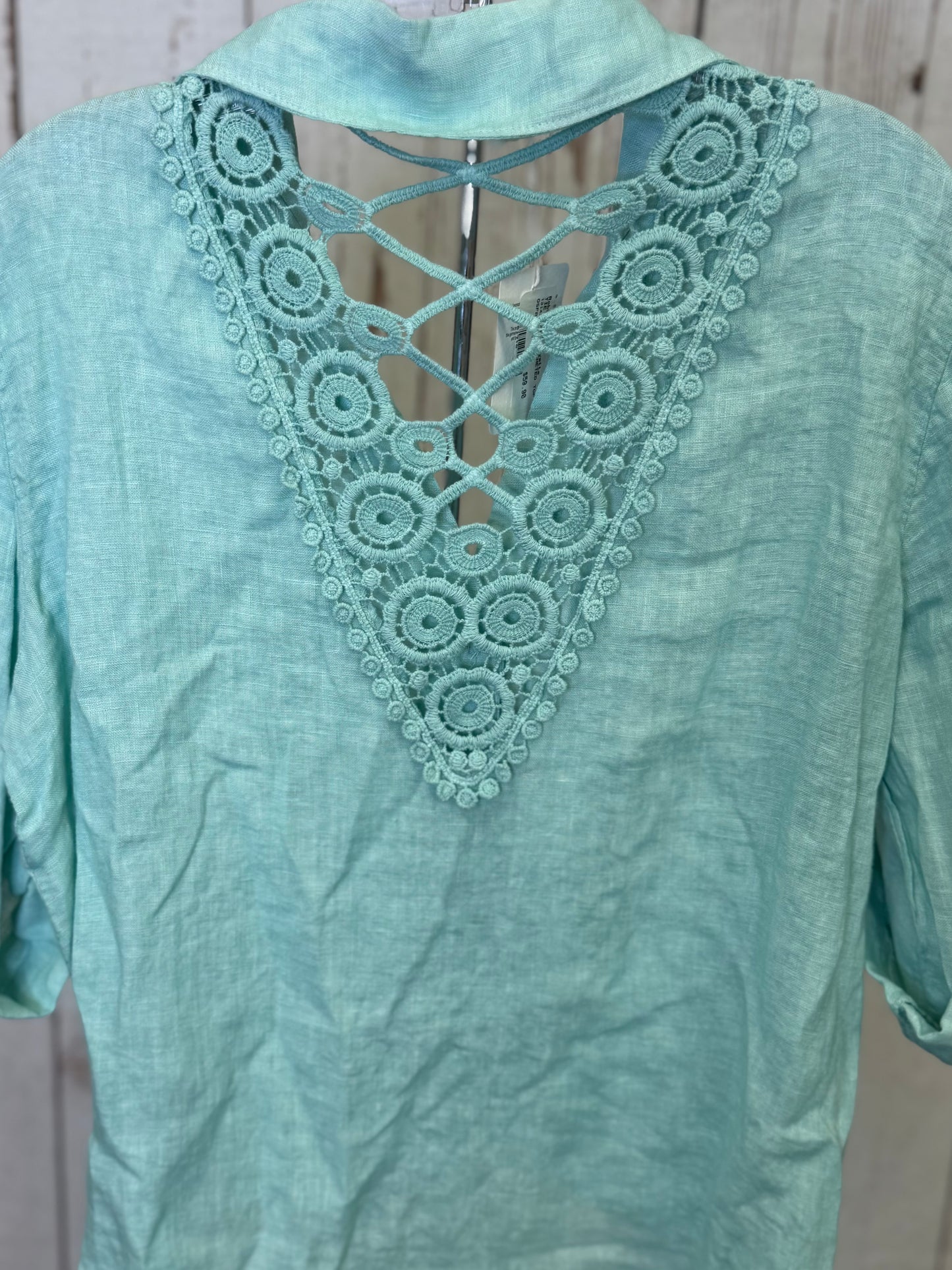 Made in Italy Tie Front Linen Top with Crocheted Back Detail