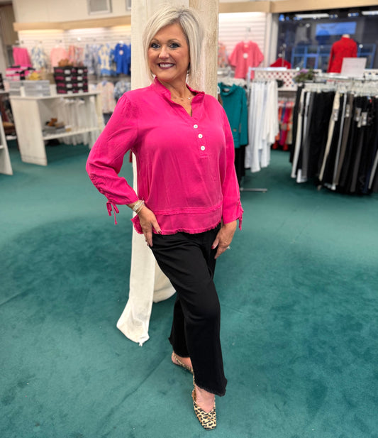 3/4 DRAWSTRING SLEEVE BAND COLLAR DOUBLE FRINGE HEM PULLOVER - CANDY PINK