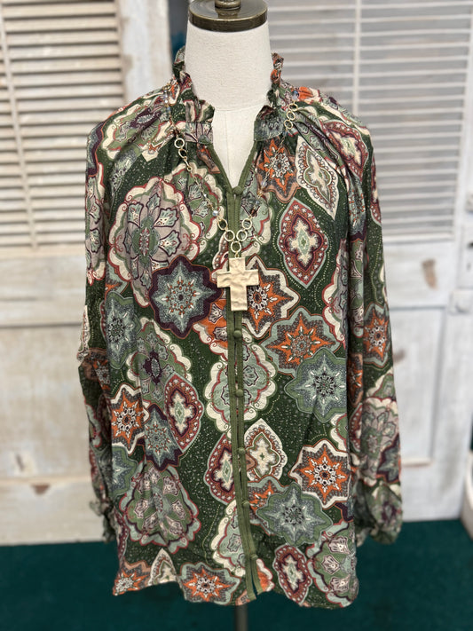 Umgee Plus Size OLIVE Fall Mosaic Long Sleeve Blouse