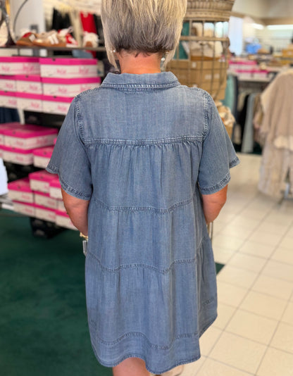 MittoShop Washed Tencel Chambray Tier Back Mini Shirt Dress