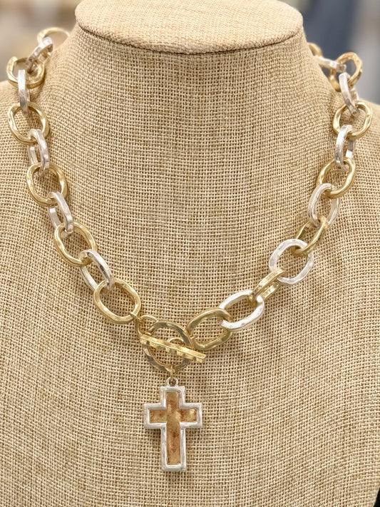 Mixed Metal Open Chain Double Cross Necklace