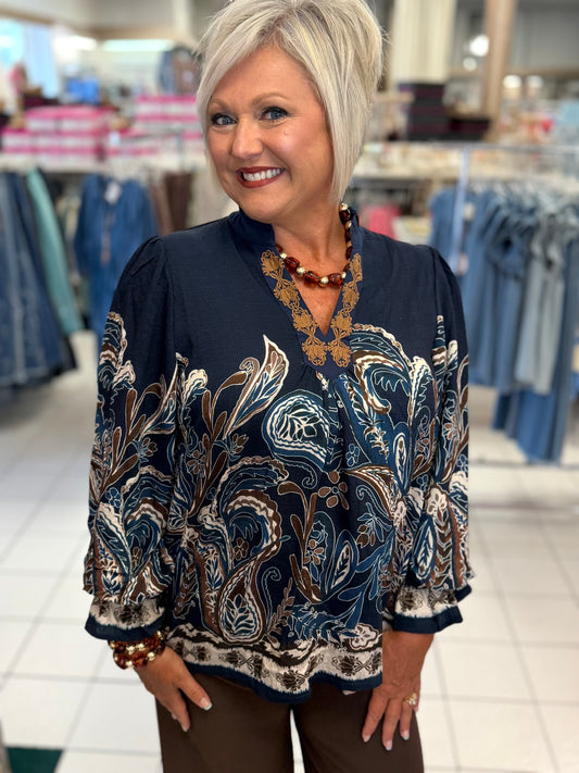 Umgee Navy Paisley Border Print Boho Blouse