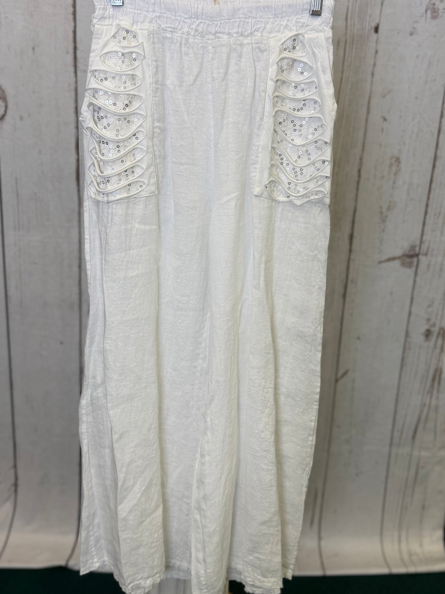 Made in Italy Linen Pants with Lace and Ripped Fabric Front Pockets