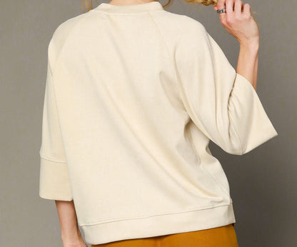 Umgee Ecru 3/4 Sleeved Drop Shoulder Top