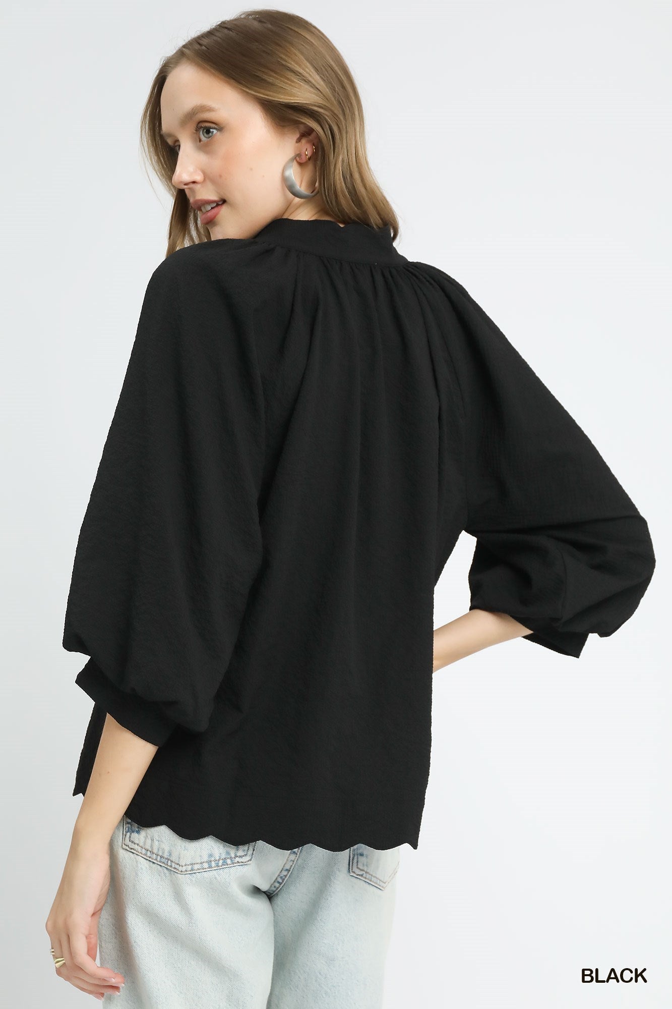 Umgee Black Split V Neck Top with Balloon Sleeves