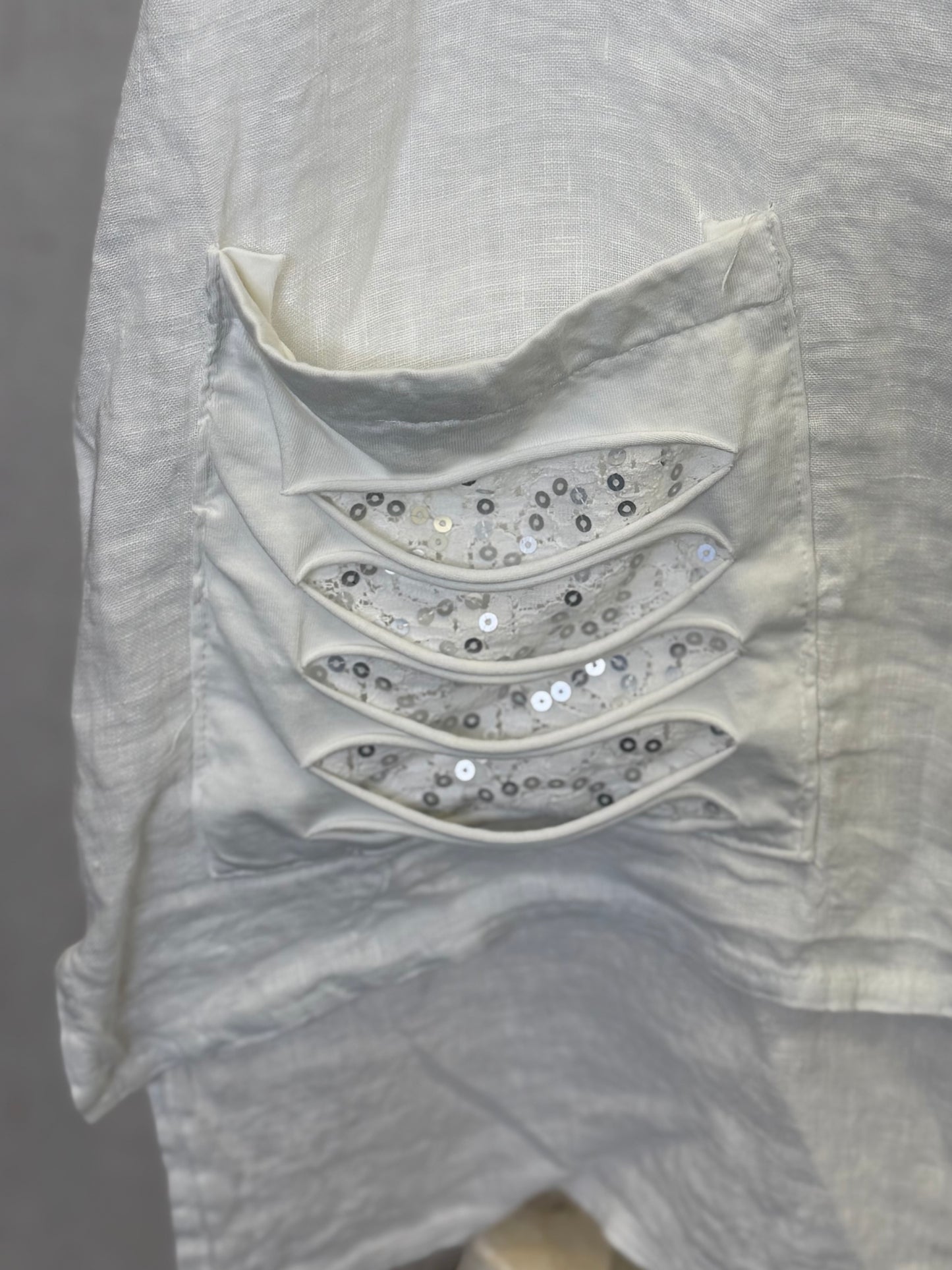 Made in Italy Linen Blouse with Lace and Ripped Fabric Front Pockets