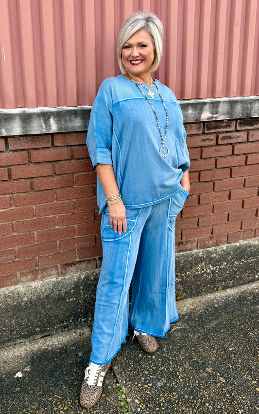 Easel Washed Denim Terry Knit Top