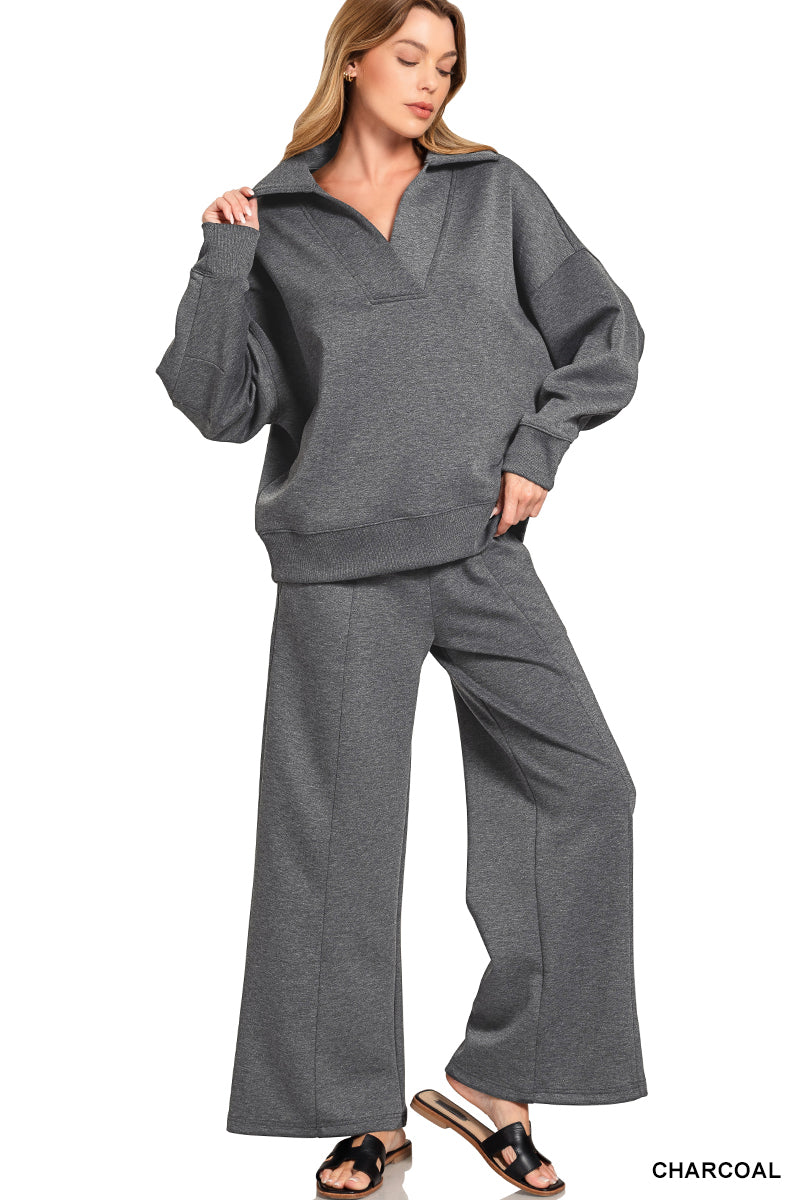 Zenana Charcoal SCUBA COLLARED PULLOVER & PANTS SET