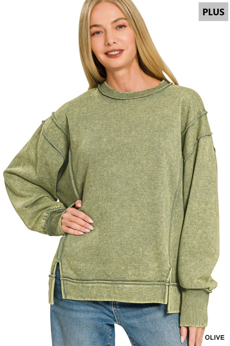 Zenana Olive PLUS ACID WASH EXPOSED-SEAM FLEECE SWEATSHIRT