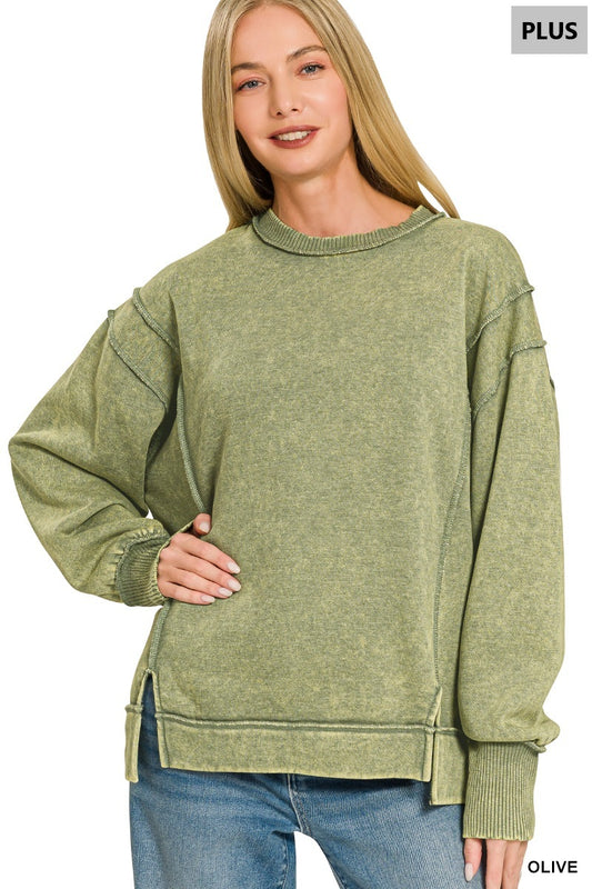 Zenana Olive PLUS ACID WASH EXPOSED-SEAM FLEECE SWEATSHIRT