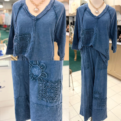 J. Her Slate Blue Mineral Washed Cotton Trim Patched Raw Hem Pants