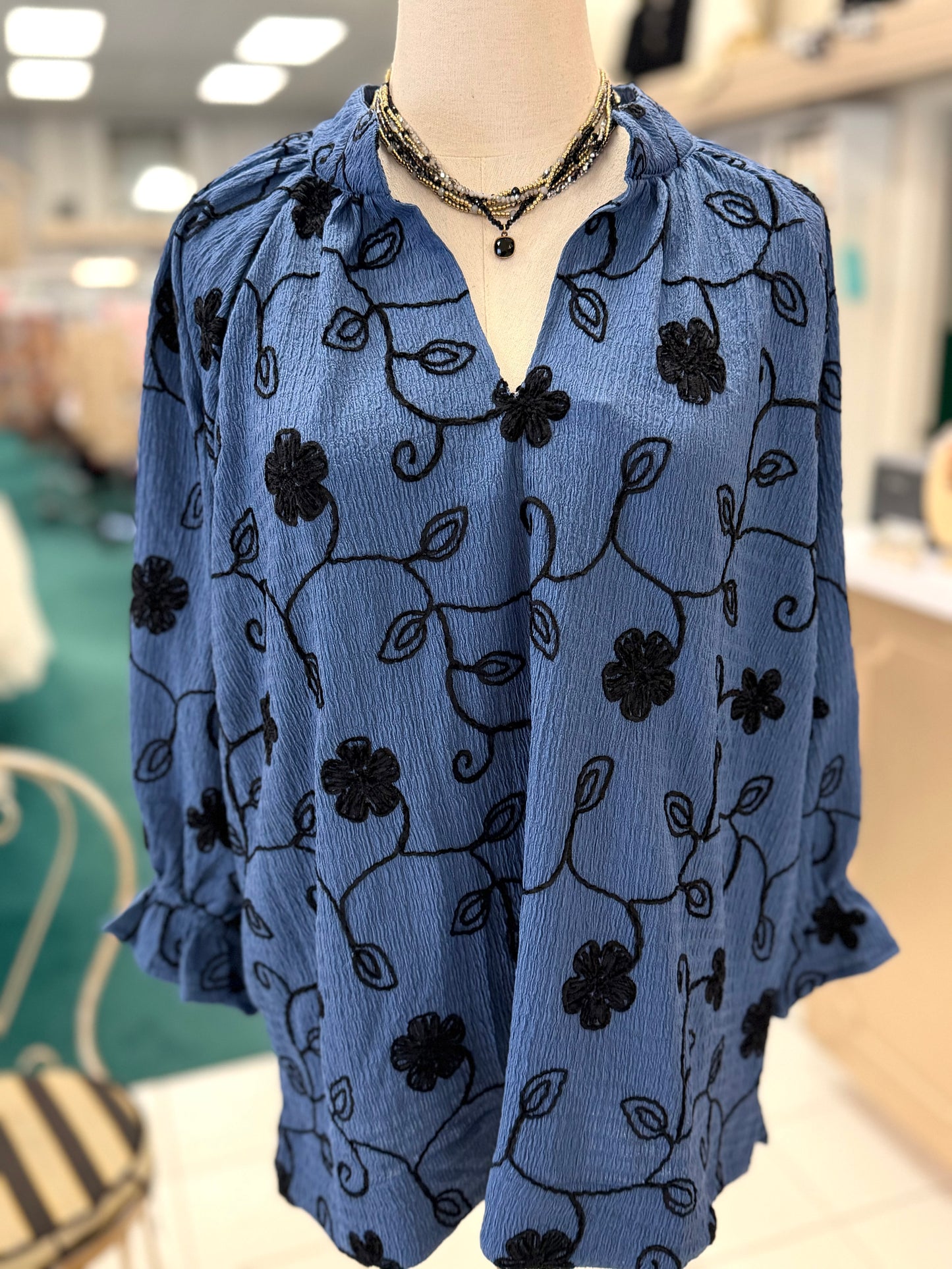 Umgee Plus Size Slate Blue Texture Fabric Floral Embroidered Top