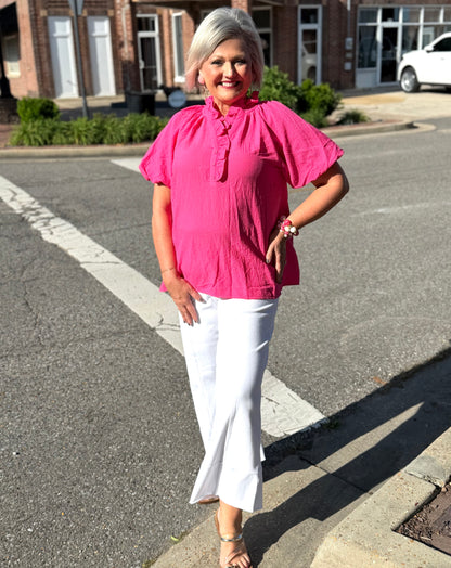 Umgee Fuschia Ruffle Neck Tunic Top