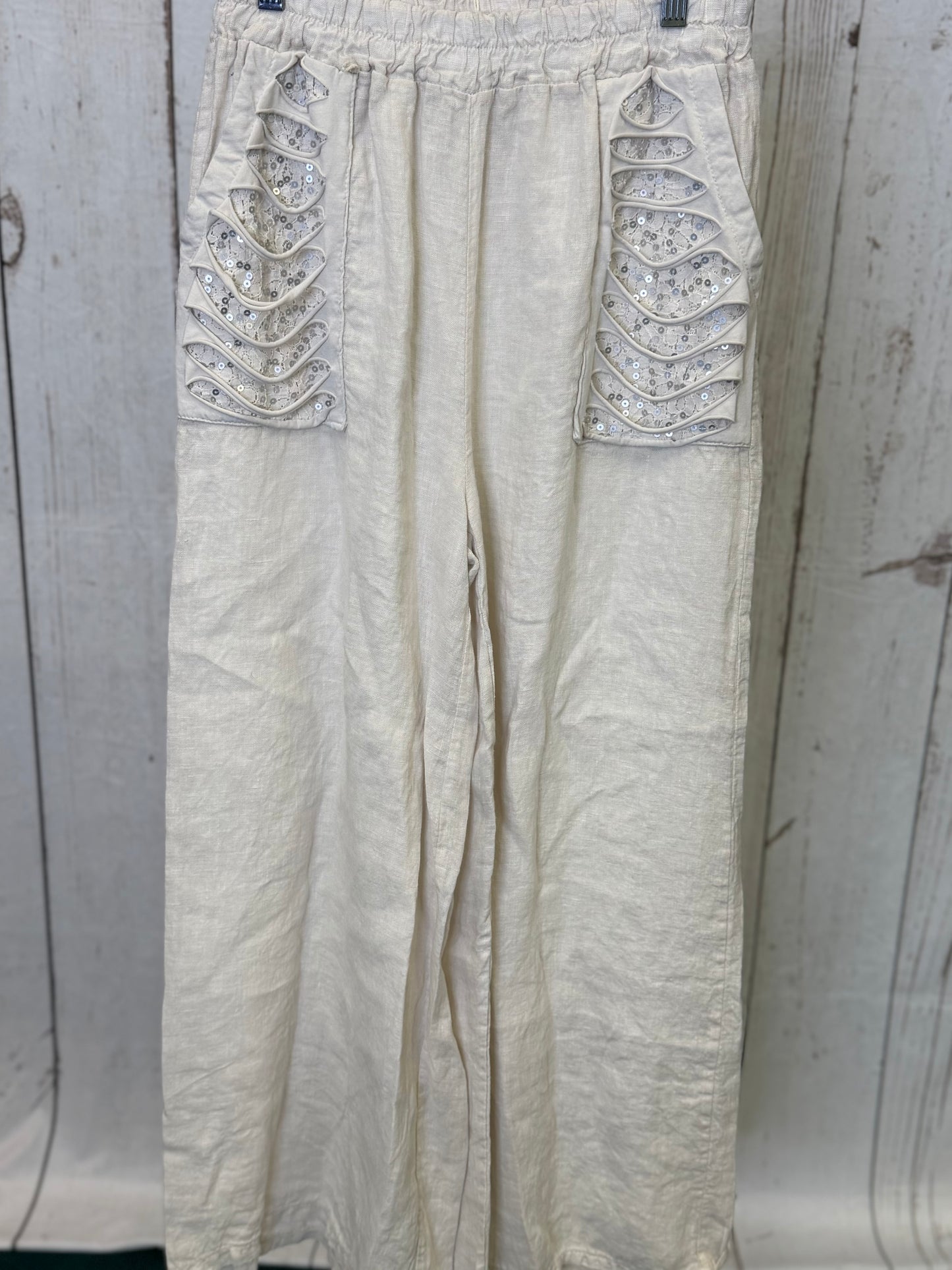 Made in Italy Linen Pants with Lace and Ripped Fabric Front Pockets