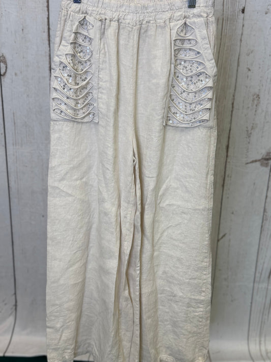Made in Italy Linen Pants with Lace and Ripped Fabric Front Pockets