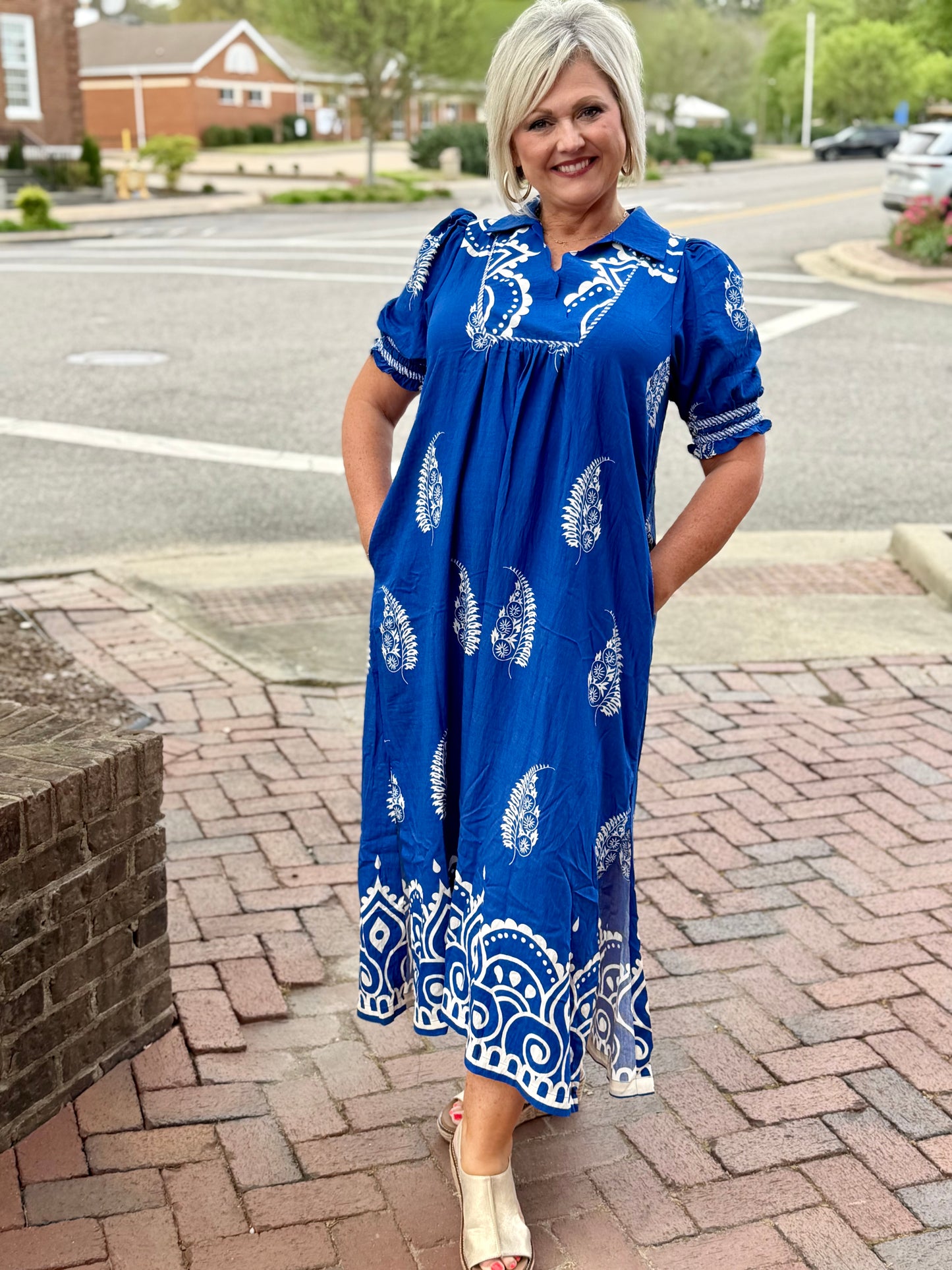 Umgee Azure Blue Paisley Mandala Collared Maxi Dress