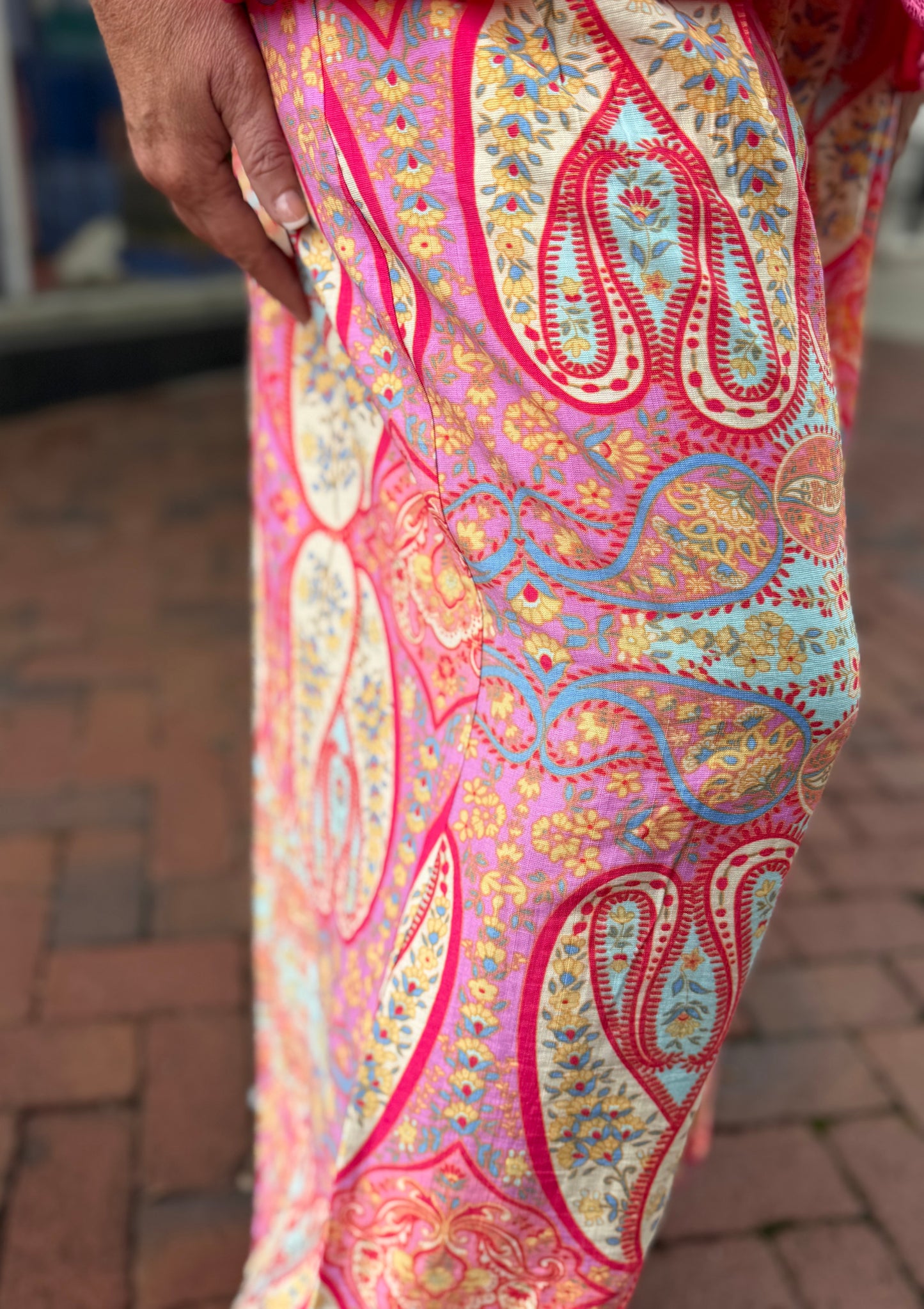 Umgee Pink Mix Printed Pull On Wide Leg Pants