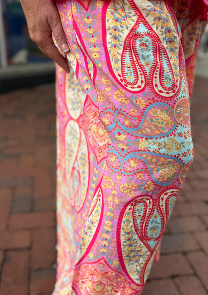 Umgee Pink Mix Printed Pull On Wide Leg Pants
