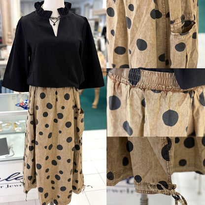 EASEL MOCHA POLKA DOTS PRINT WASHED WOVEN SKIRT