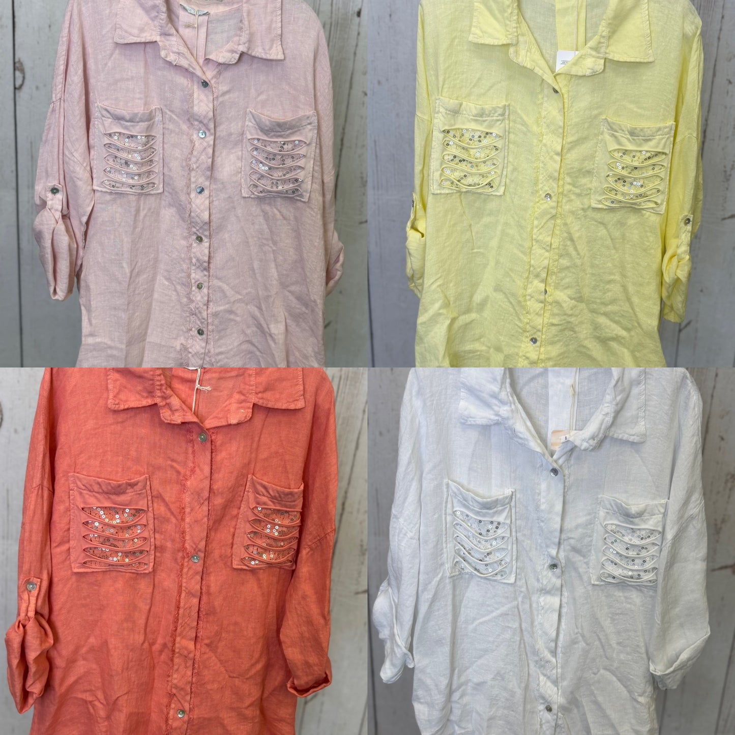 Made in Italy Linen Button Front Top with Decorative Front Pockets