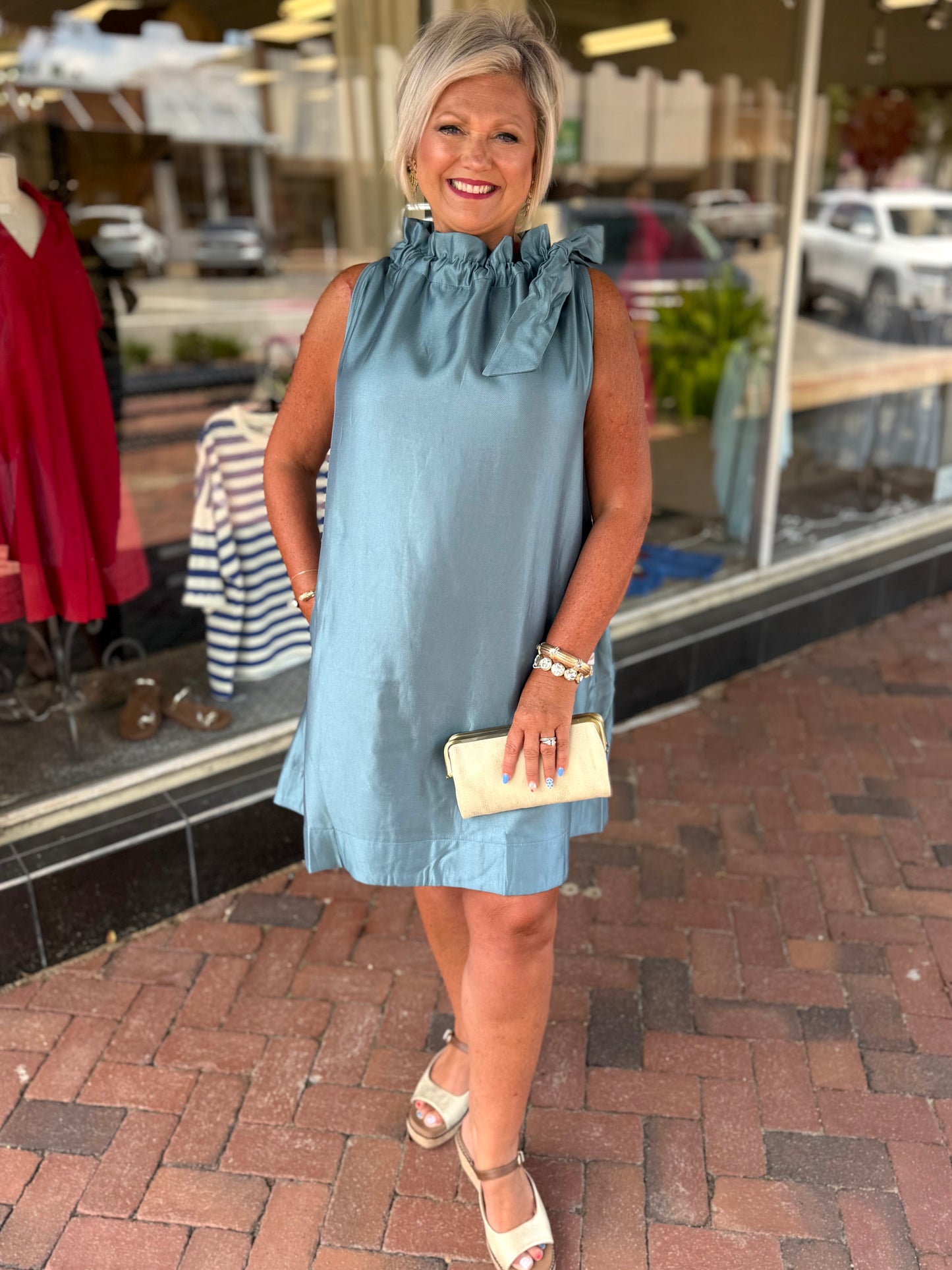 Glam Tie Round Ruffle Neck Sleeveless Mini Dress
