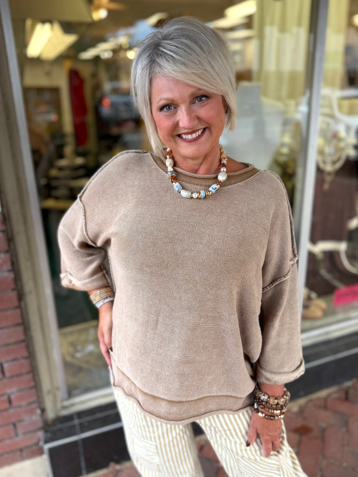 Mocha Washed Inverted Seam Short Sleeve Sweater