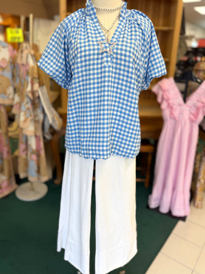 Umgee Blue Gingham Bubble Sleeve V-Neck Top w/ Scallop Hem