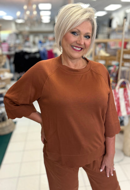 Umgee Terracotta LUXEKNIT Raglan Sleeve Top With Scallop Detail