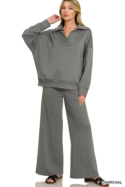 Zenana Charcoal SCUBA COLLARED PULLOVER & PANTS SET