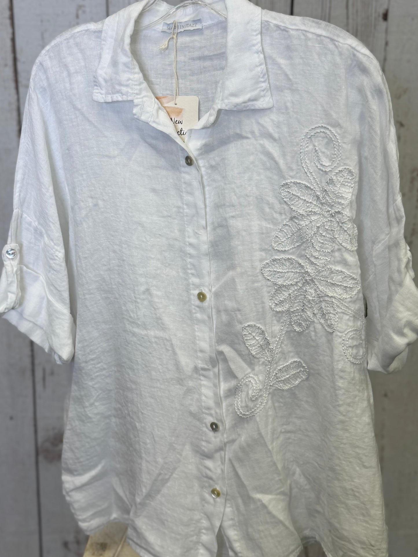 Made in Italy Collared Linen Blouse with Flower Detail