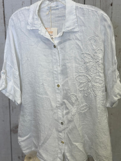 Made in Italy Collared Linen Blouse with Flower Detail