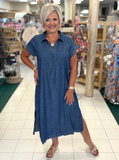 Umgee Stone Washed Collared Denim Midi Dress