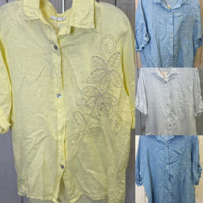 Made in Italy Collared Linen Blouse with Flower Detail