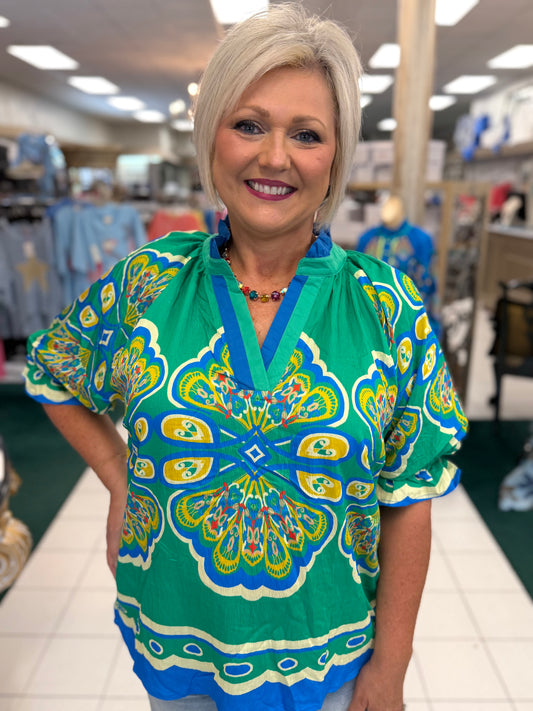 Umgee Green Mix Boho Print V-Neck Top