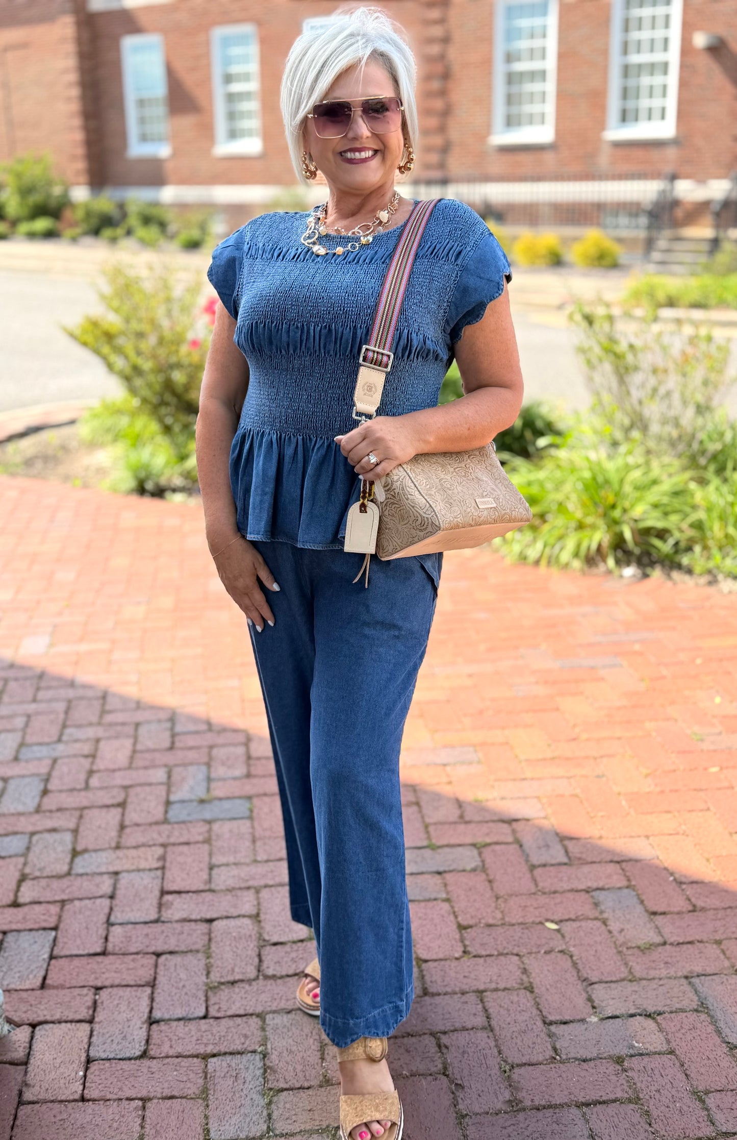 Umgee Chambray Smocked Peplum Top