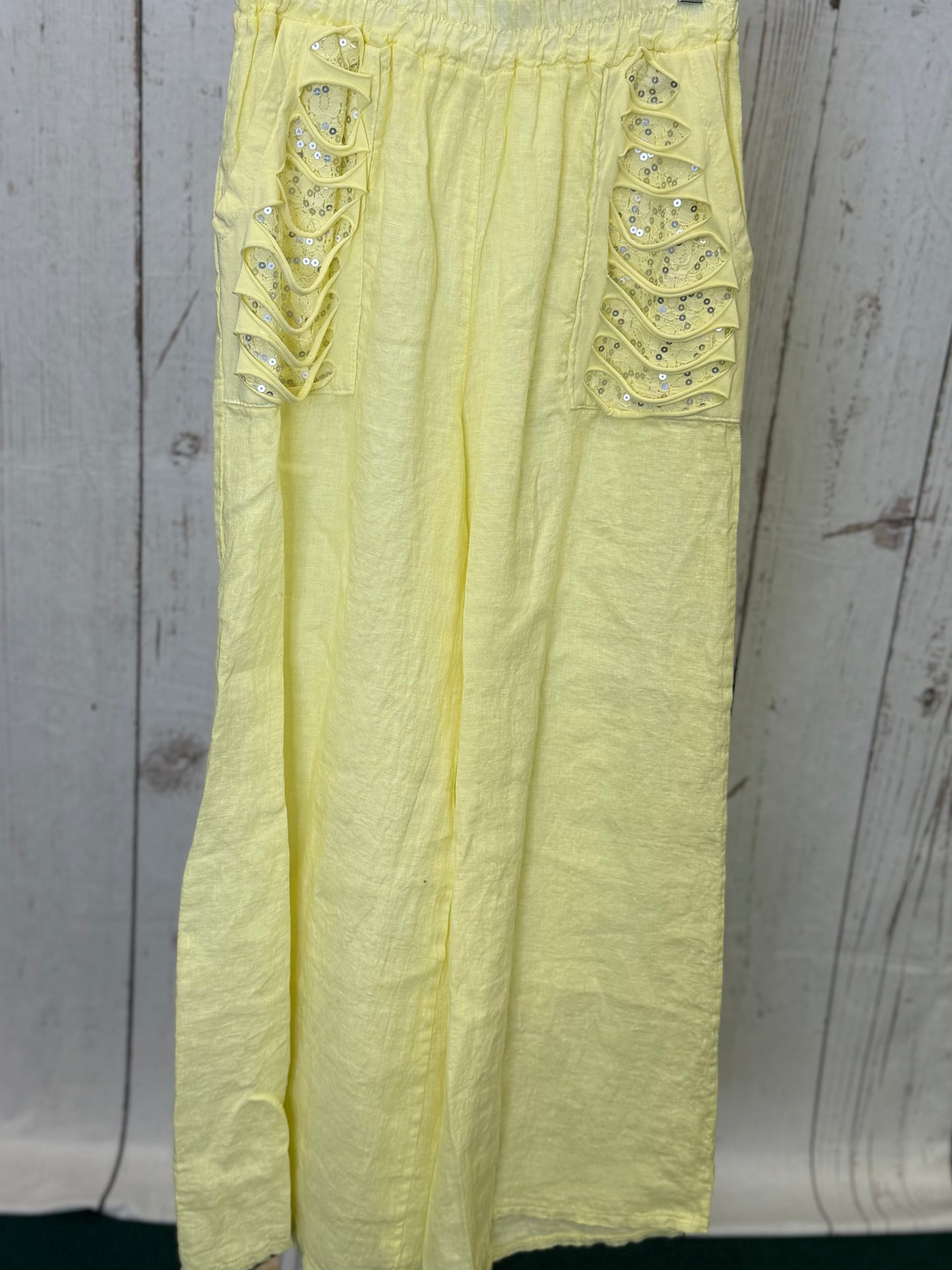 Made in Italy Linen Pants with Lace and Ripped Fabric Front Pockets